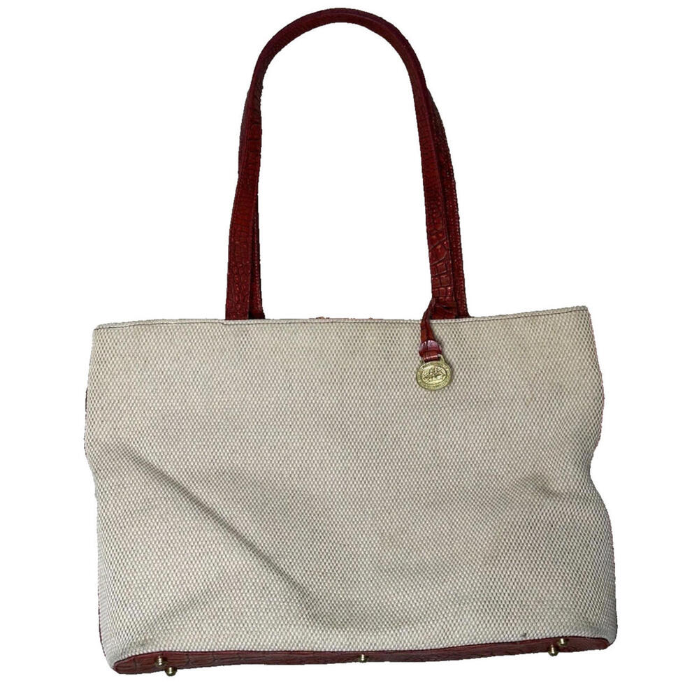 Brahmin Vintage Natural Canvas Fabric Croc Red Leather Tote Shoulder Bag Medium - Picture 2 of 9